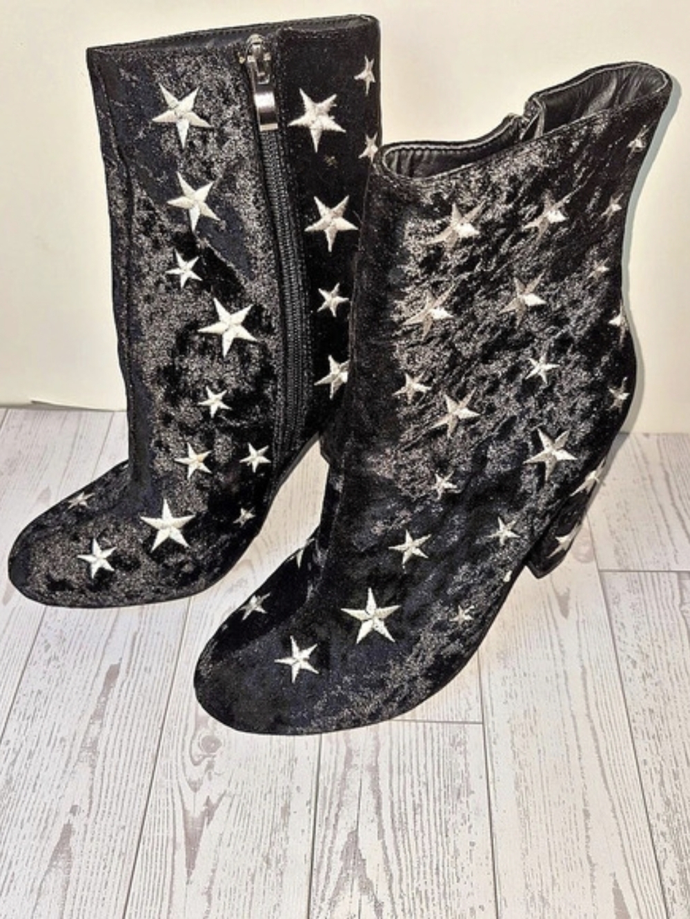 Wild Diva Black Velvet Silver Star Embroidered Booties